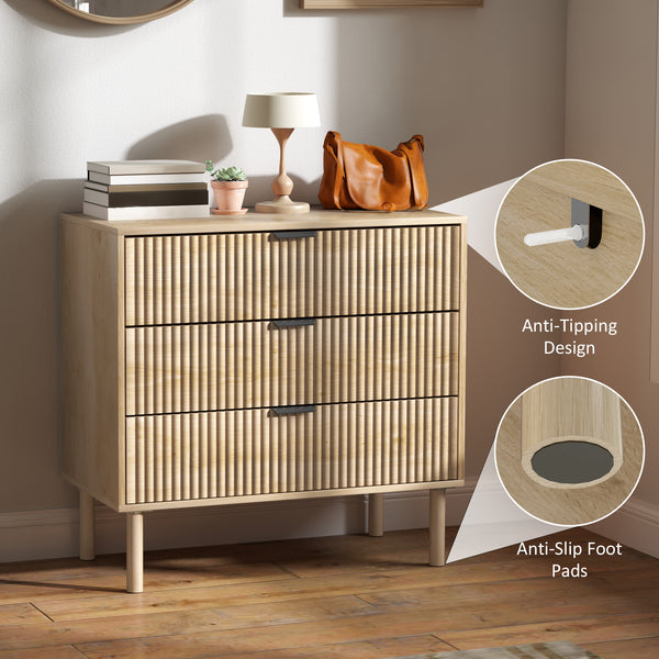 Commode de chambre 3 tiroirs avec panneaux cannelés et pieds en bois massif, chêne