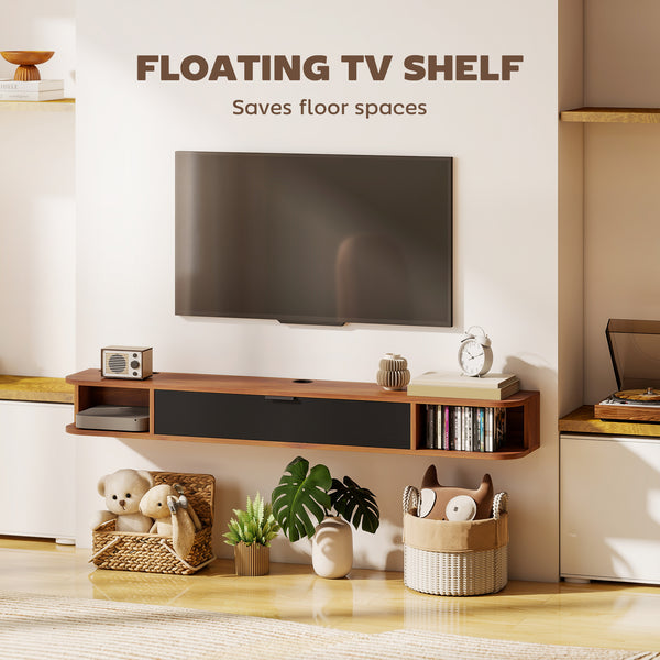 Floating wall-mounted TV unit for TVs up to 60 inches, with a drop-down drawer and 2 open shelves, walnut finish.