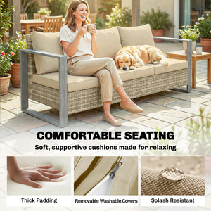 3Canapé d'extérieur 3 places en résine tressée PE avec assise profonde, accoudoirs en aluminium imitation bois, coussins, kaki