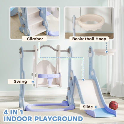 4-in-1 Slide and Swing Set with Basketball Hoop and Climber, for Boys and Girls Ages 1.5-4, Rocket Theme, Light Blue