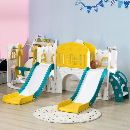 8-in-1 Slide and Swing Set, Baby Swing with Basketball Hoop, Climber and Steering Wheel, for 1-3 Years Old, Yellow