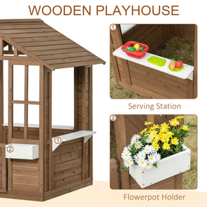 Maisonnette de jeux en bois avec cache-pot, porte et fenêtres fonctionnelles, marron
