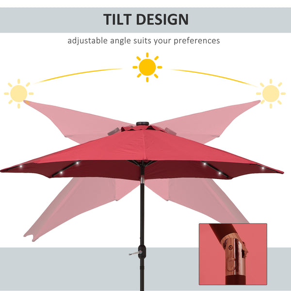 Parasol solaire de 8,8 pieds avec 24 lumières DEL et toile inclinable, rouge bordeaux