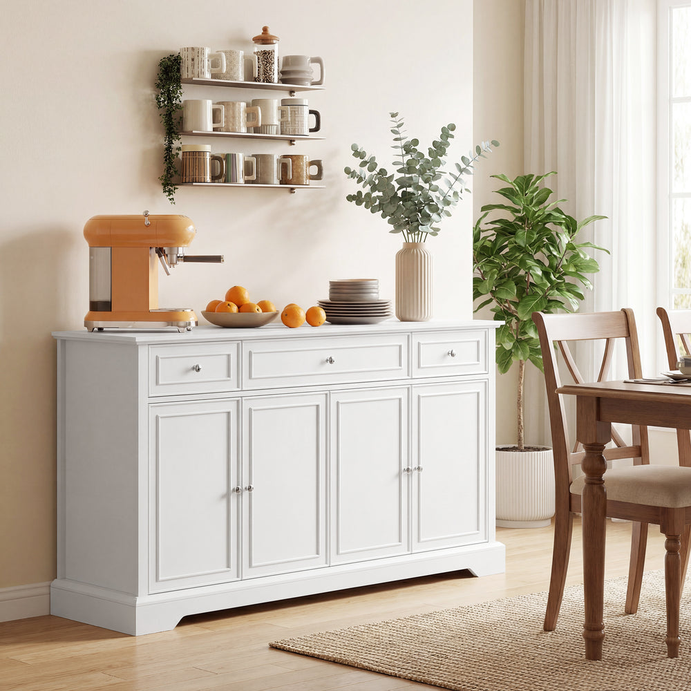 Buffet de rangement de cuisine avec portes à fermeture amortie, 3 tiroirs et 2 étagères réglables, blanc