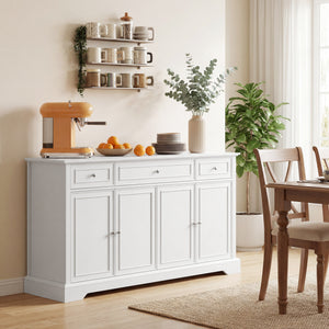 Buffet de rangement de cuisine avec portes à fermeture amortie, 3 tiroirs et 2 étagères réglables, blanc