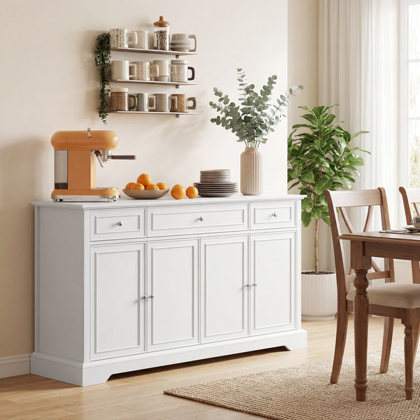 Buffet de rangement de cuisine avec portes à fermeture amortie, 3 tiroirs et 2 étagères réglables, blanc