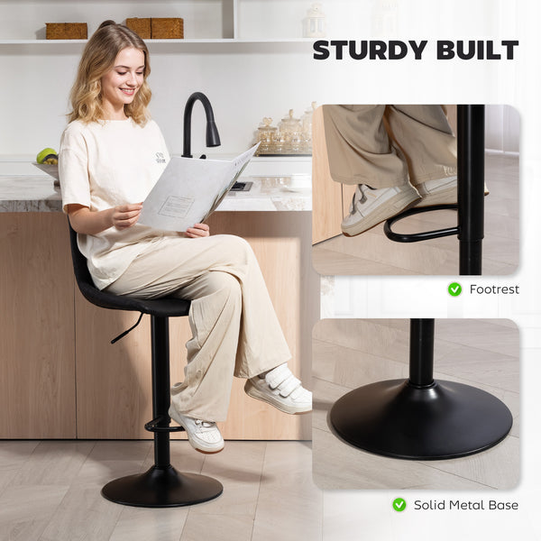 Set of 2 bar stools, adjustable height, swivel seat, faux leather upholstery, black.