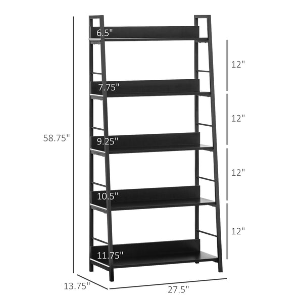 Bibliothèque moderne avec étagères larges à 5 niveaux, structure en métal, noir