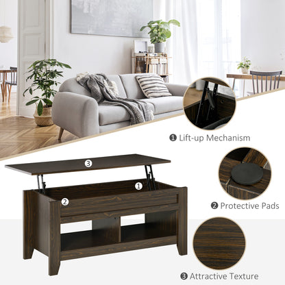 Table basse relevable avec compartiment de rangement dissimulé et étagères ouvertes, noyer foncé