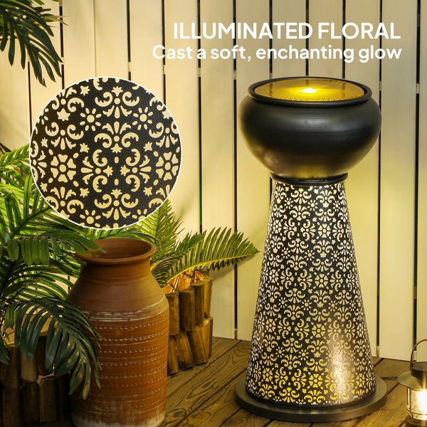 Fontaine d'extérieur avec lumières LED, cascade de jardin à débit réglable avec base florale découpée, gris foncé et jaune
