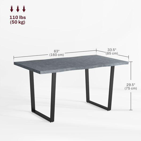 Table à manger industrielle avec plateau à bords ondulés et pieds en acier, pour 6 personnes maximum, gris ciment