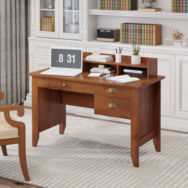 Bureau d'ordinateur avec rangement, tiroirs, étagère et table d'écriture, marron