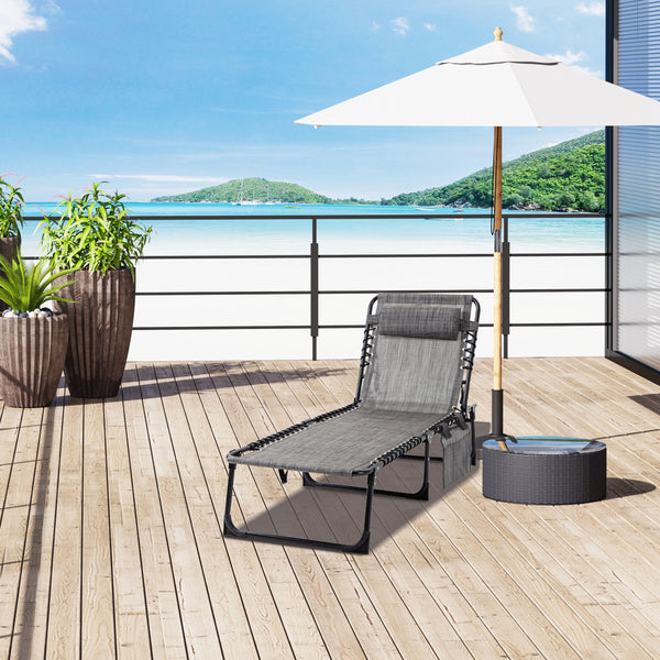 Chaise longue pliante avec dossier réglable et coussin amovible, gris chiné