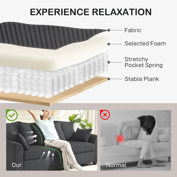 Canapé 3 places en velours côtelé avec accoudoirs incurvés et 8 coussins amovibles, gris foncé