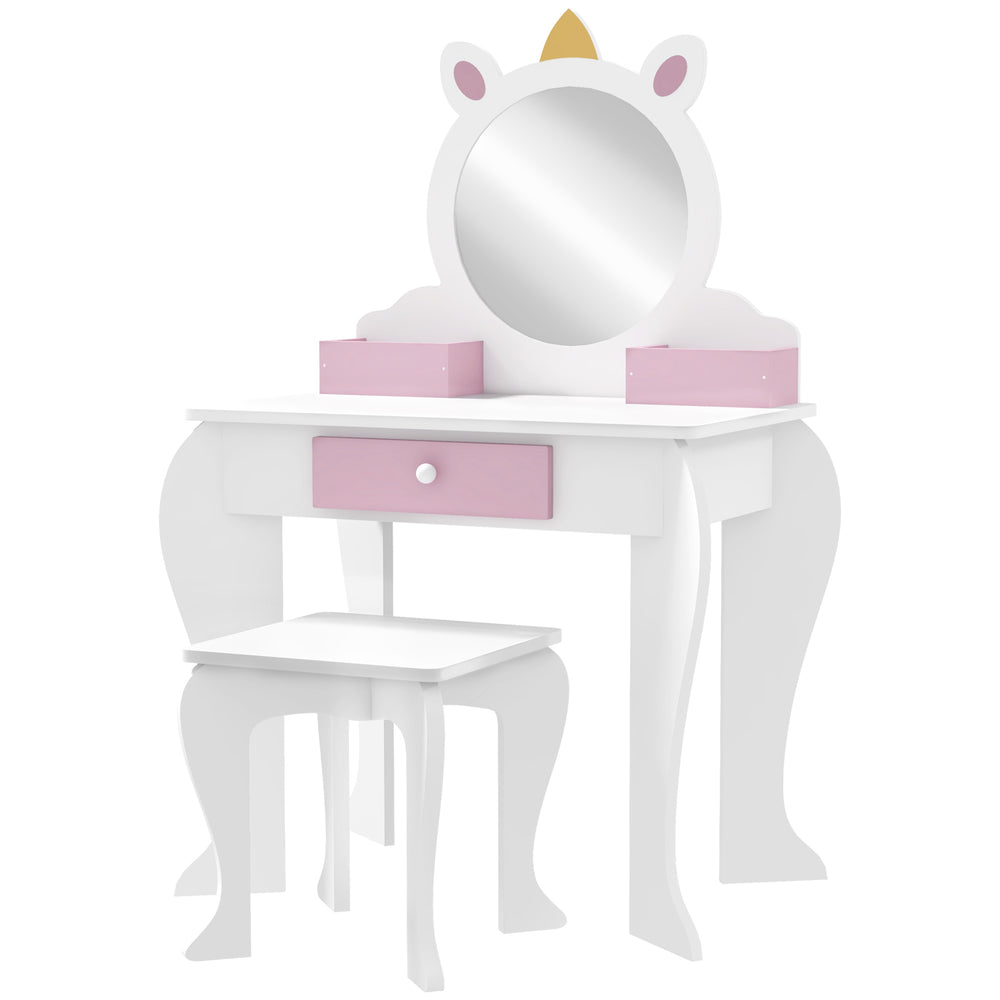 Coiffeuse avec tabouret, miroir, tiroir et boîtes de rangement, motif licorne, blanc