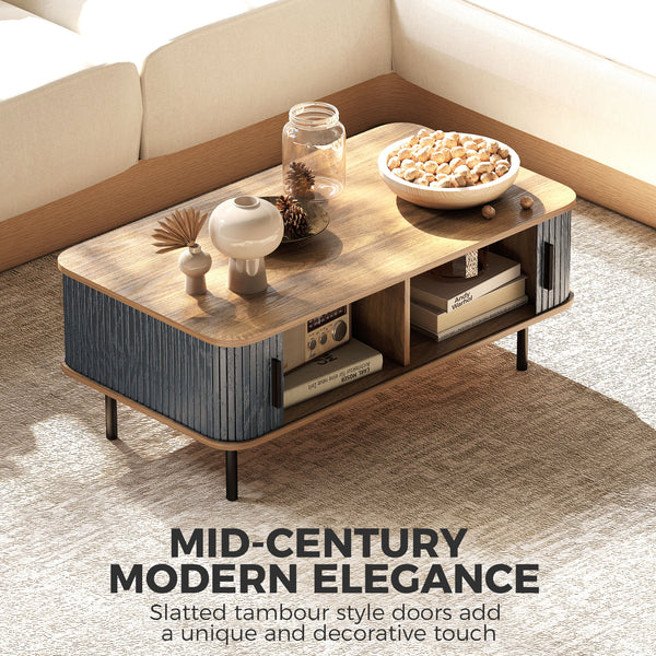 Nordic Side Table with Fluted Tambour Sliding Doors and Steel Legs, Coffee Table with Storage for Living Room, Black