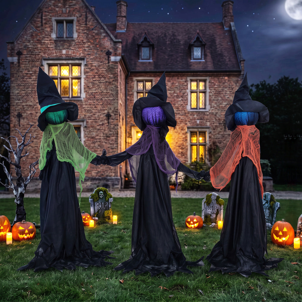 Trio de sorcières lumineuses d’Halloween avec piquets de jardin et minuterie – Noir, vert, orange et violet