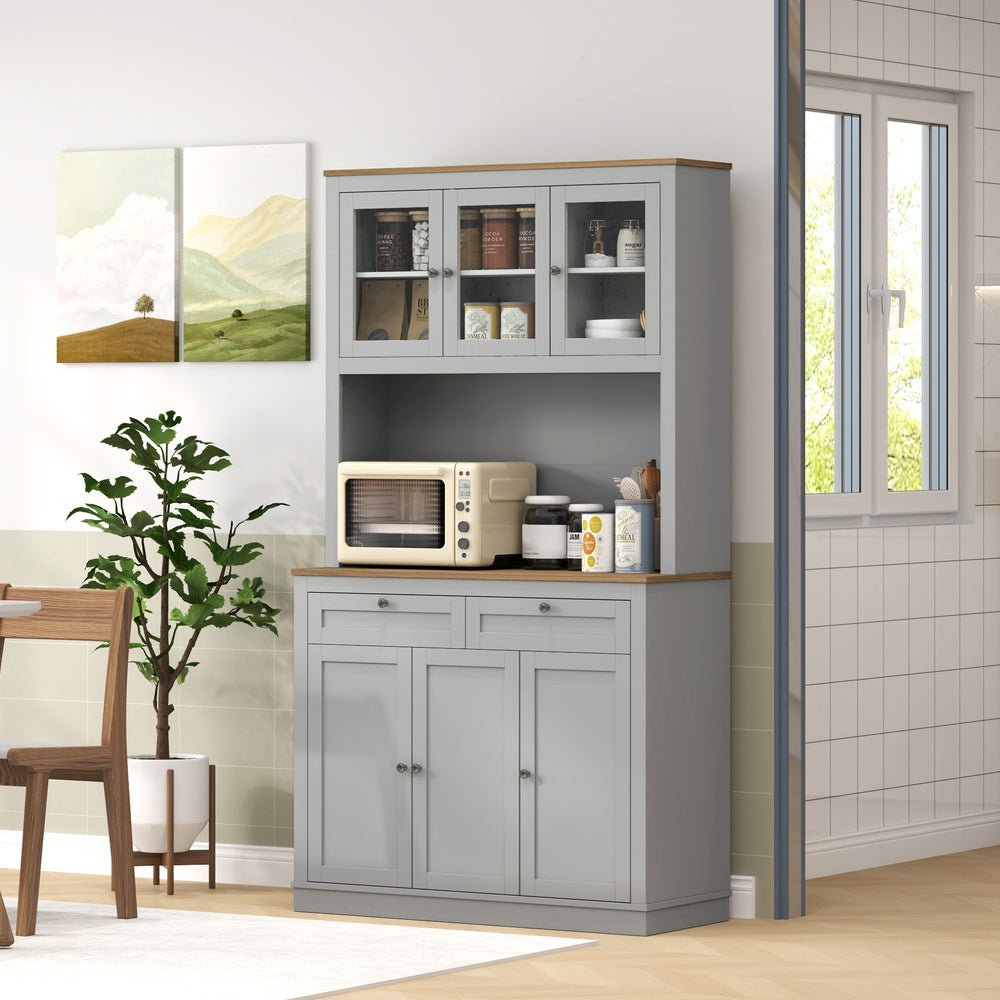 Garde-manger avec espace micro-ondes et portes vitrées, gris