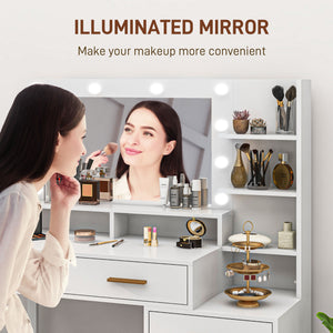 Coiffeuse lumineuse LED avec miroir, tiroir et étagères de rangement, blanche