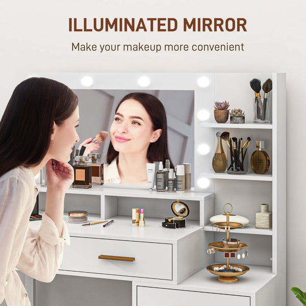 Coiffeuse lumineuse LED avec miroir, tiroir et étagères de rangement, blanche