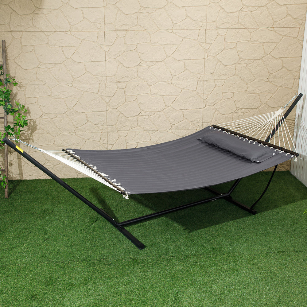 Hamac Outsunny pour 2 personnes, matelassé, double, avec support, oreiller et barres d'écartement, pour camping en plein air, plage, gris foncé
