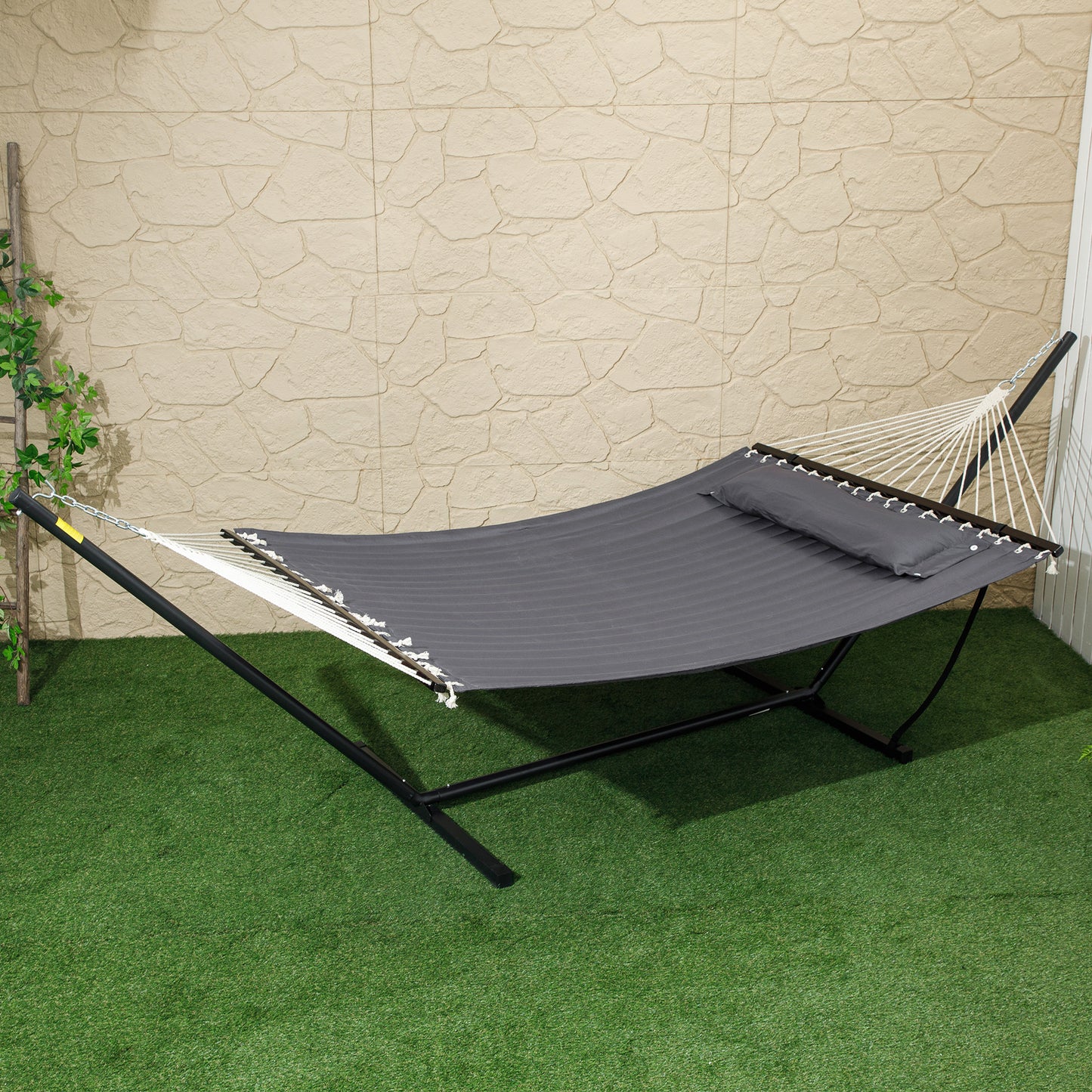 Hamac Outsunny pour 2 personnes, matelassé, double, avec support, oreiller et barres d'écartement, pour camping en plein air, plage, gris foncé