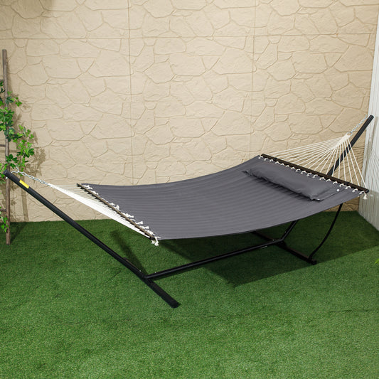 Hamac Outsunny pour 2 personnes, matelassé, double, avec support, oreiller et barres d'écartement, pour camping en plein air, plage, gris foncé