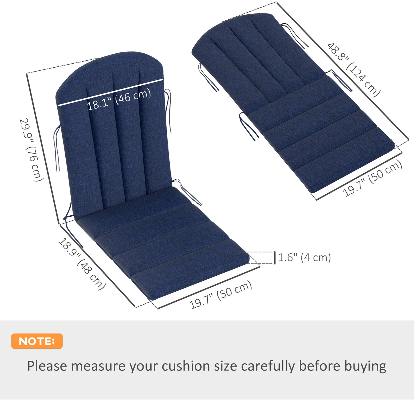 Lot de 2 coussins de chaise Adirondack à dossier haut avec attaches, mousse haute densité, bleu marine