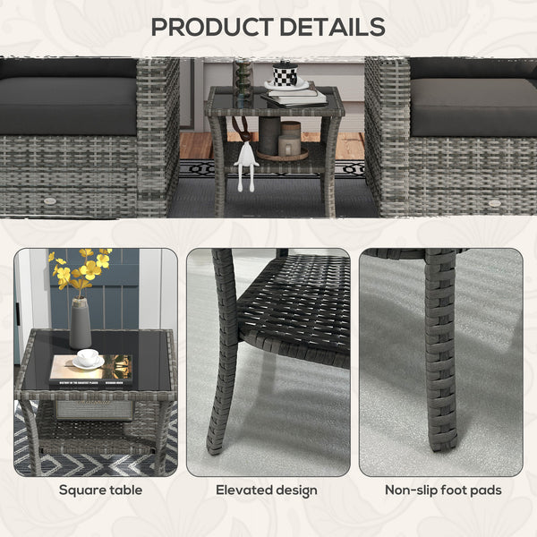 20" Patio Wicker Coffee Table, Outdoor PE Rattan Two-tier Side Table with Glass Top, for Patio, Garden, Balcony, Mixed Grey