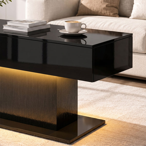 LED Coffee Table with Storage, High Gloss Modern Centre Table with 2 Drawers and Remote Control for Living Room, Black