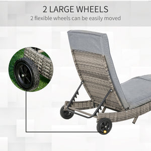 Outdoor Adjustable Wicker Chaise Lounge Chair with Cushion & Wheels for Patio, Deck, Poolside, Grey