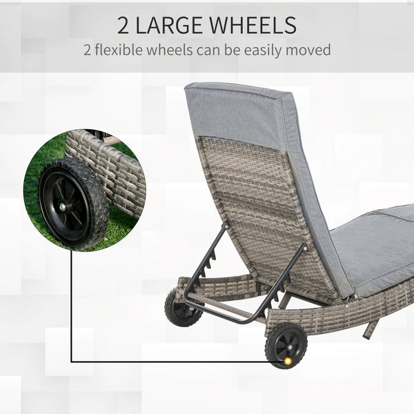 Outdoor Adjustable Wicker Chaise Lounge Chair with Cushion & Wheels for Patio, Deck, Poolside, Grey