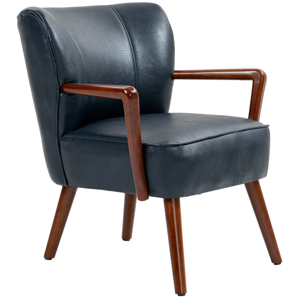 Fauteuil d'appoint rembourré en similicuir avec pieds en bois, bleu
