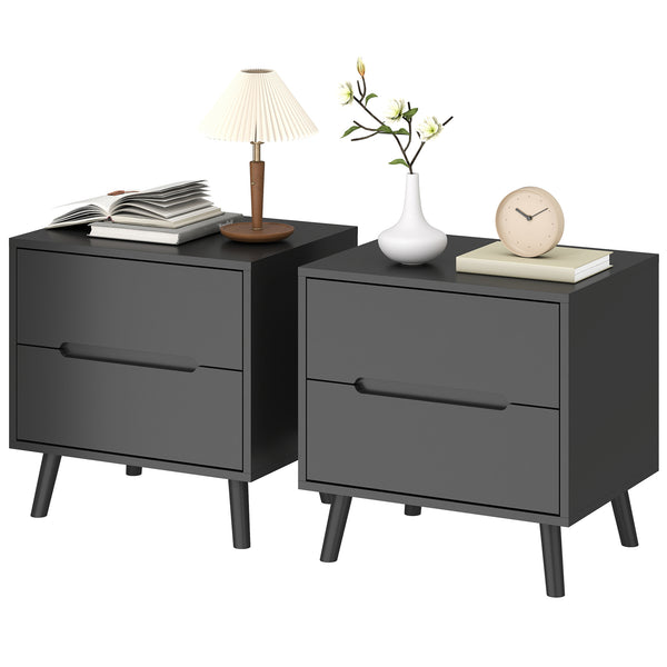 Ensemble de 2 tables de chevet avec 2 tiroirs et pieds en bois – Noir