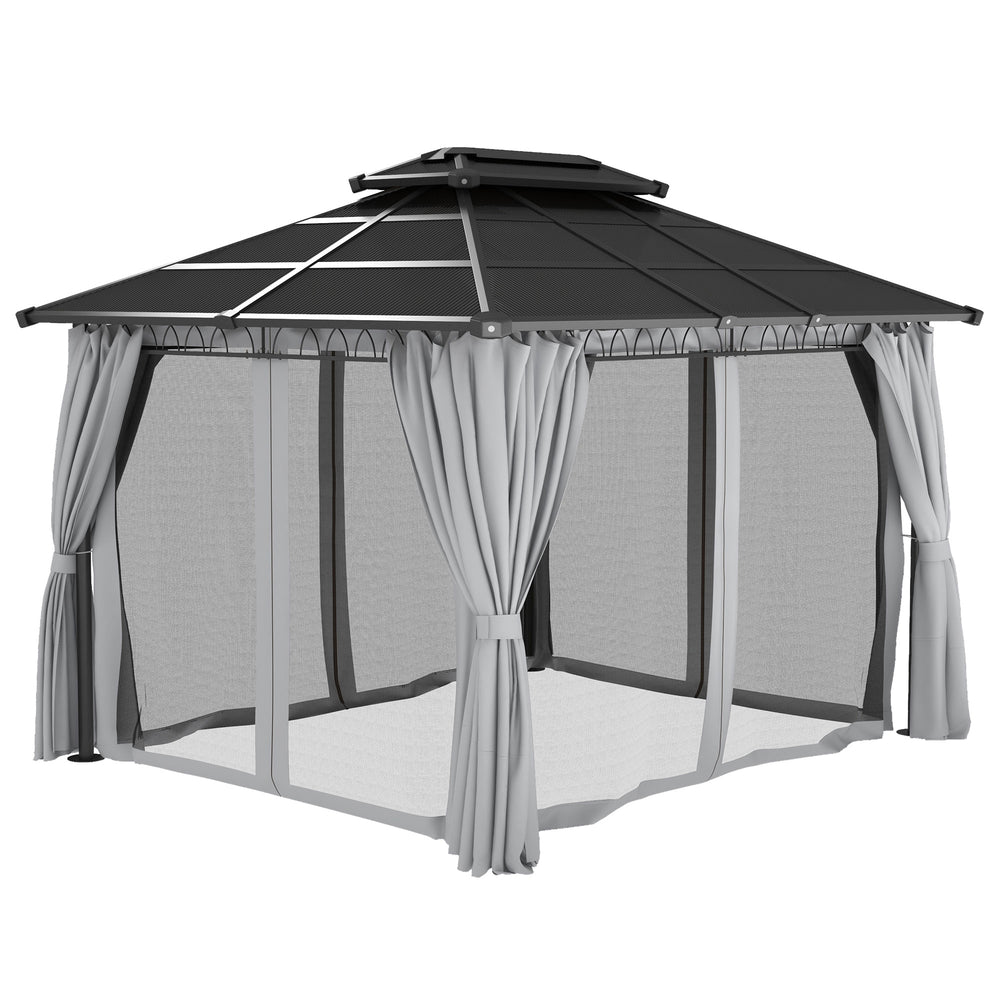10' x 12' Outdoor Hardtop Gazebo Canopy w/ Double PC Roof, Steel Frame, Nettings, Curtains for Garden Lawn Deck, Grey