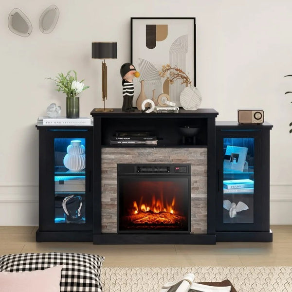 Meuble TV avec cheminée et lumières LED 16 couleurs pour téléviseurs jusqu'à 65 pouces