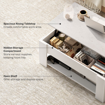 Table basse relevable avec compartiment de rangement dissimulé et étagère ouverte, blanche