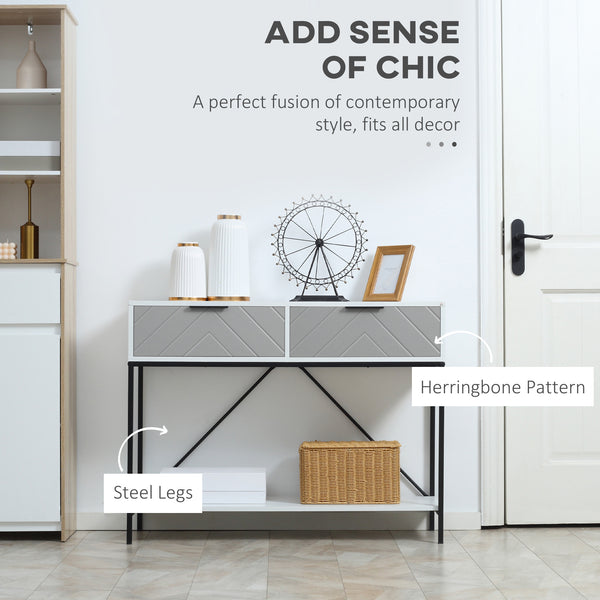 Console moderne avec 2 tiroirs, 2 niveaux avec étagère de rangement, blanc