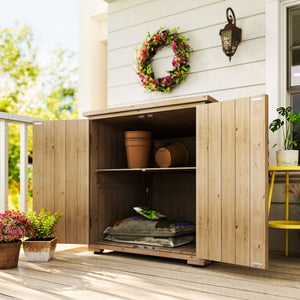 Natural wood garden shed with shelf and double door