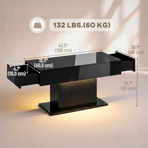 LED Coffee Table with Storage, High Gloss Modern Centre Table with 2 Drawers and Remote Control for Living Room, Black