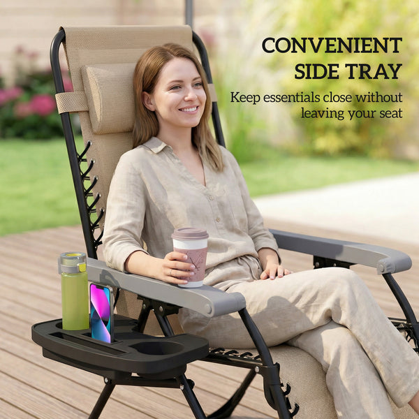 Set of 2 Folding and Reclining Outdoor Lounge Chairs, with Cup Holder and Headrest, Light Brown