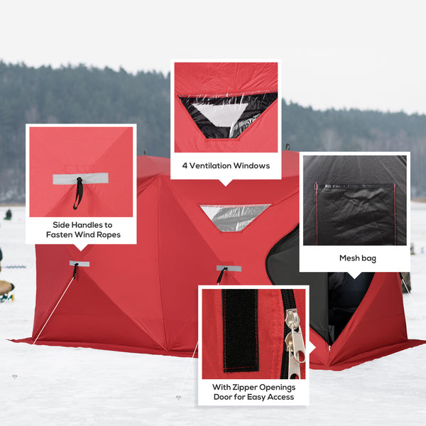 Foldable ice fishing shelter for 5 to 8 people, portable, red