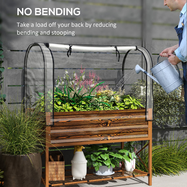 Jardinière surélevée avec couvercle, étagère inférieure et doublure, effet bois brun foncé