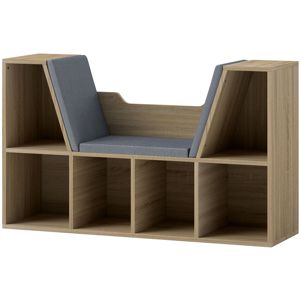 Bibliothèque à 6 compartiments avec coussin pour coin de lecture, bureau, chêne