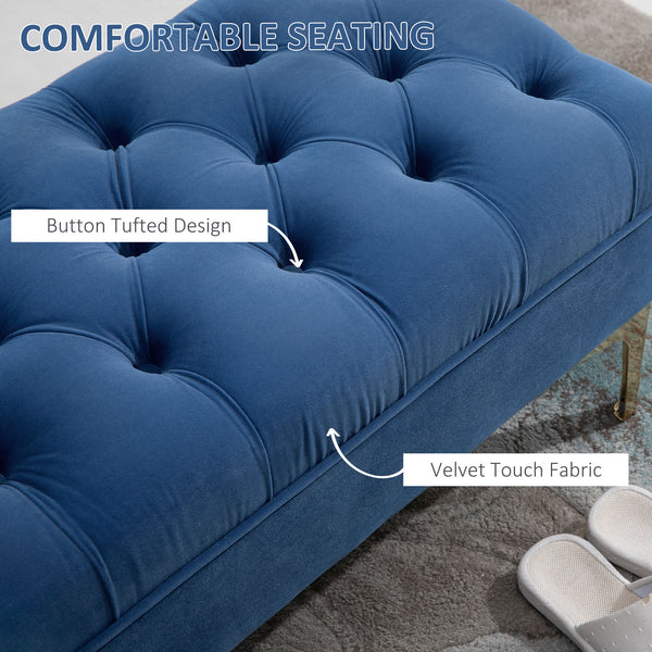 Banc de chevet rembourré avec capitonnage à boutons, bleu