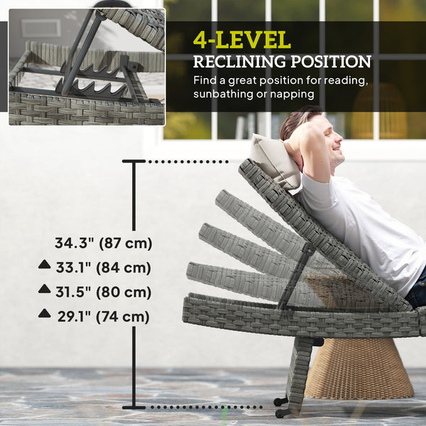 Chaise longue pliante en osier avec dossier réglable sur 4 niveaux, grise