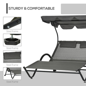Outdoor Patio Chaise Lounge Chair, Patio Sun Lounger w/ Sunshade Roof, for Two People with Wheels and Breathable Sling Mesh Bed, Pillows, Dark Gray