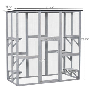 Large outdoor cat enclosure weatherproof with asphalt roof with 6 balanced platforms, 180 x 100 x 180 cm, grey