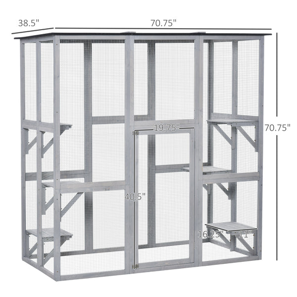 Large outdoor cat enclosure weatherproof with asphalt roof with 6 balanced platforms, 180 x 100 x 180 cm, grey