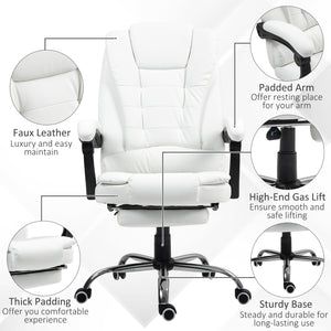 Fauteuil de bureau à dossier haut en cuir synthétique avec repose-pieds rétractable et accoudoirs rembourrés, blanche